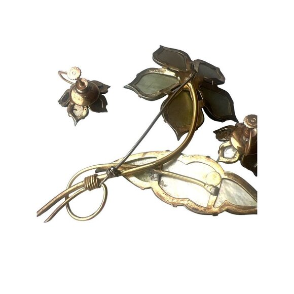 Ocean Treasure Vintage Brooch With Clip-on Earrings Mother-of-Pearl Floral Green - Picture 3 of 11